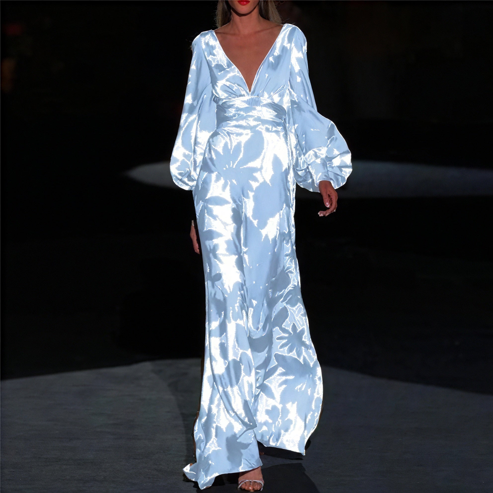Women's Floral Maxi Dress – Plunging V-Neck, Voluminous Sleeves, Satin-83168-271be96b-85ca-4256-8789-ba44526c83d5