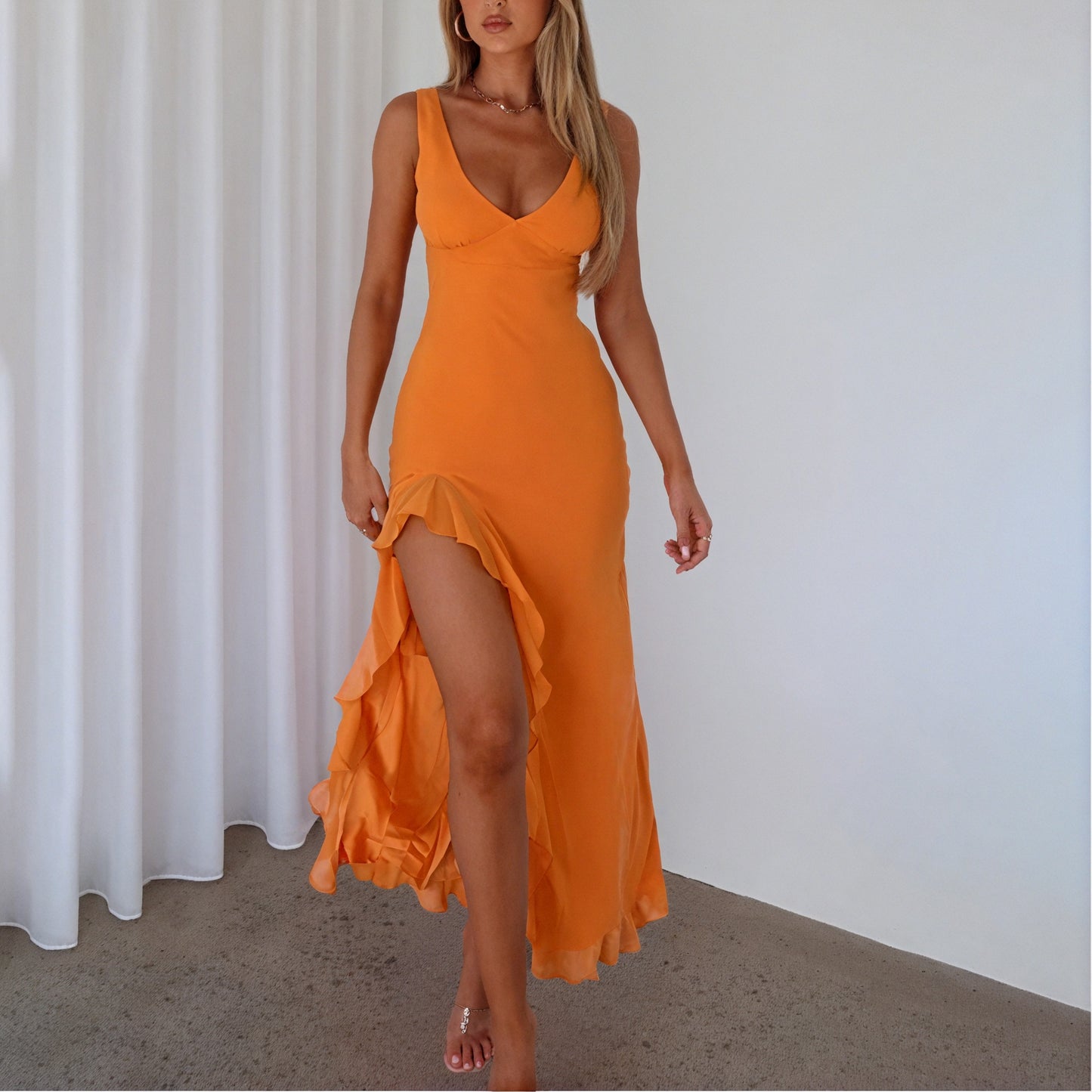 Women's Maxi Dress – Flowing V-Neck, High Ruffled Slit, Sleeveless, Silk Blend, Elegant-83177-beee85e8-b9a9-48e3-8ed0-7285b66b2952