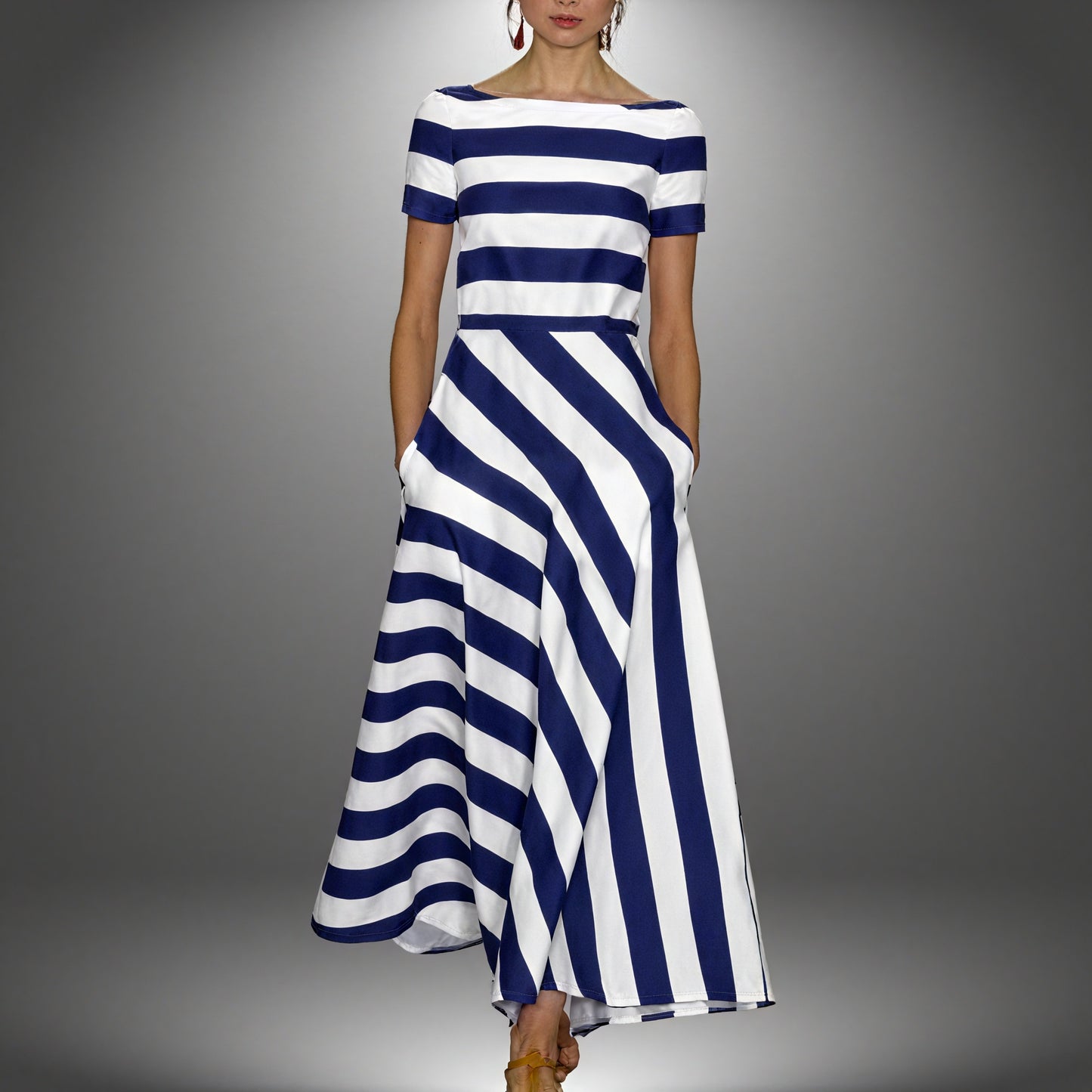Women's Striped A-Line Midi Dress – Boat Neck, Short Sleeve, Pockets, Silk Blend-83186-a42676b6-5608-46cf-ad96-caf32cc3cb0d