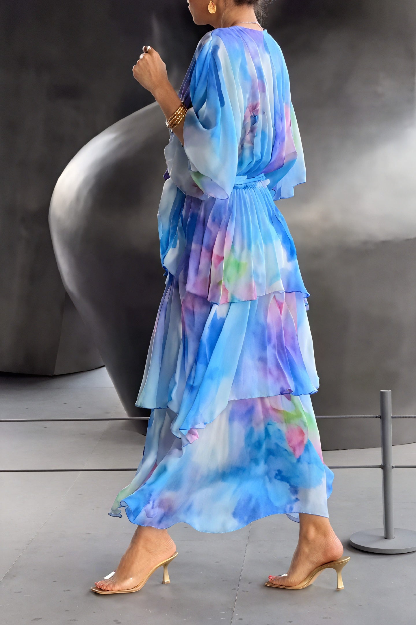 Women's Blue Chiffon Maxi Dress – Watercolor Print, Wrap Bodice, Tiered Skirt, Billowy Sleeves-83187-4c2f33ef-07b3-42a7-ad17-ca01228e519a