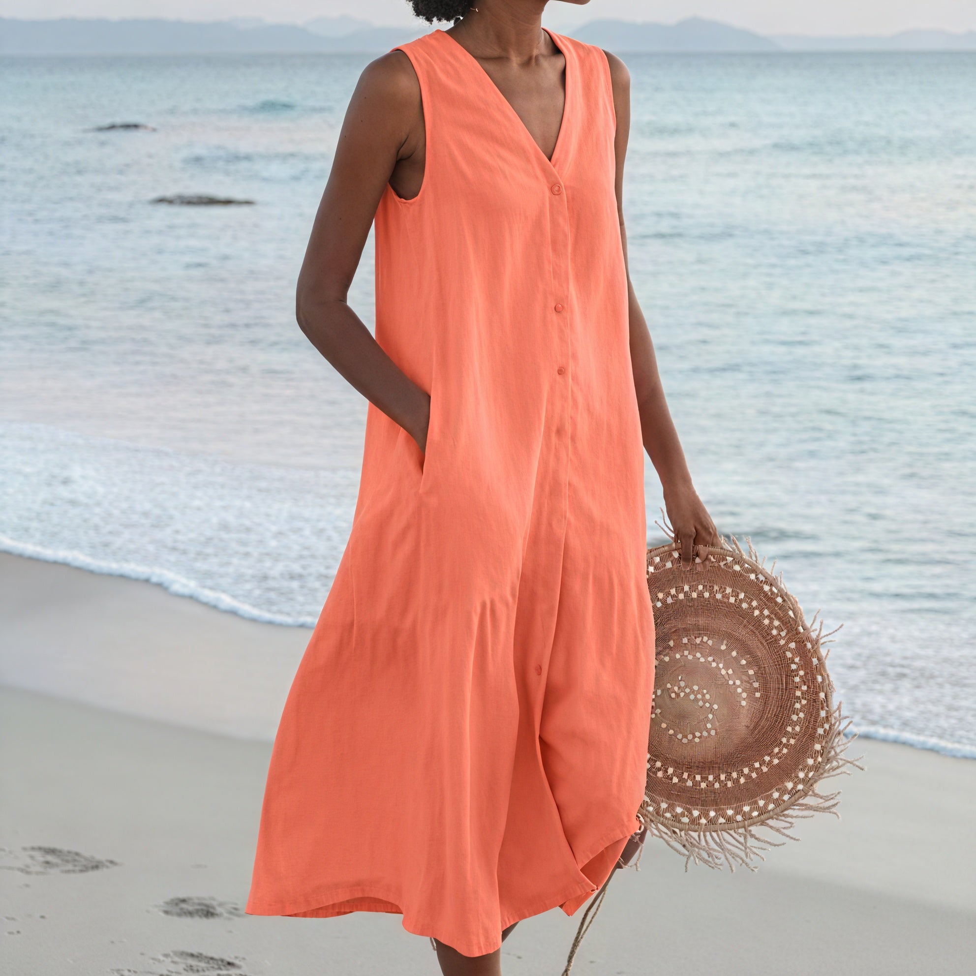 Women's Sleeveless Midi Dress - V-Neck, Button-Down, Pockets, Tiered A-Line, Linen Blend-83194-45ff986c-c1a8-42c1-9282-d877f565b07c