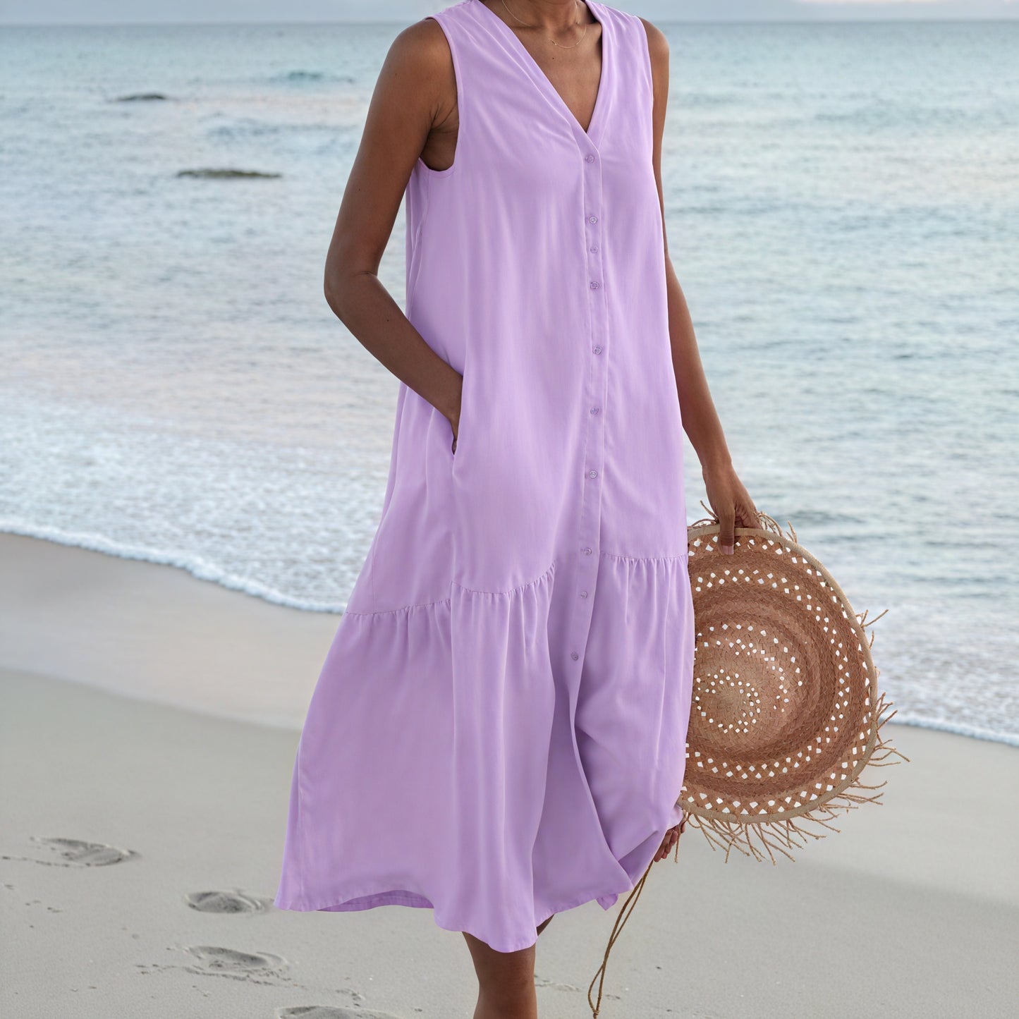 Women's Sleeveless Midi Dress - V-Neck, Button-Down, Pockets, Tiered A-Line, Linen Blend-83194-bbd8026a-27c8-44f8-90c1-98efdc6099fc