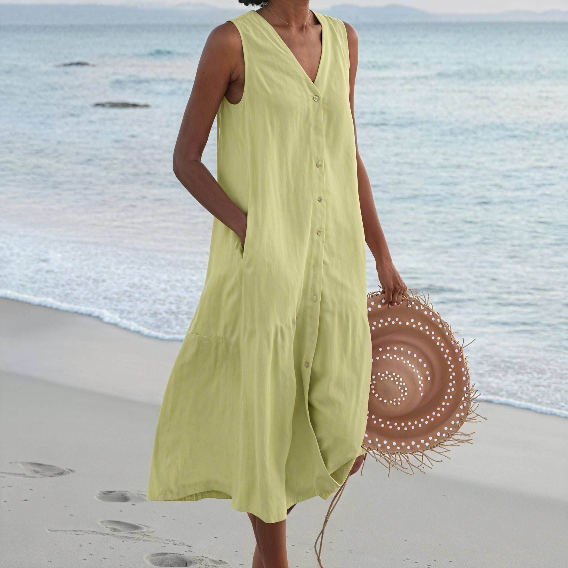 Women's Sleeveless Midi Dress - V-Neck, Button-Down, Pockets, Tiered A-Line, Linen Blend-83194-b91681e4-3614-4e4d-9d89-d28fa1249cb4