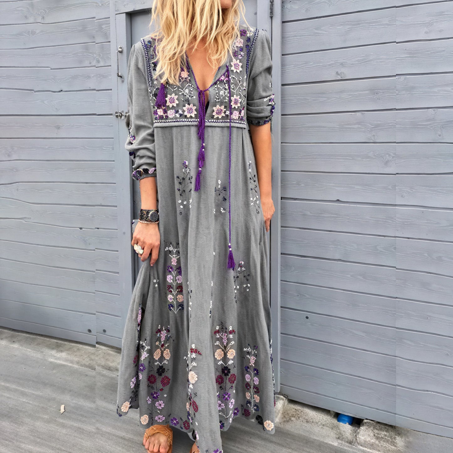 Women's Maxi Dress – Floral Embroidered V-Neck, Tassel Detail, Cotton Blend, Boho-83200-8e776f37-b2f9-4e54-aa87-bcaa17a78f96