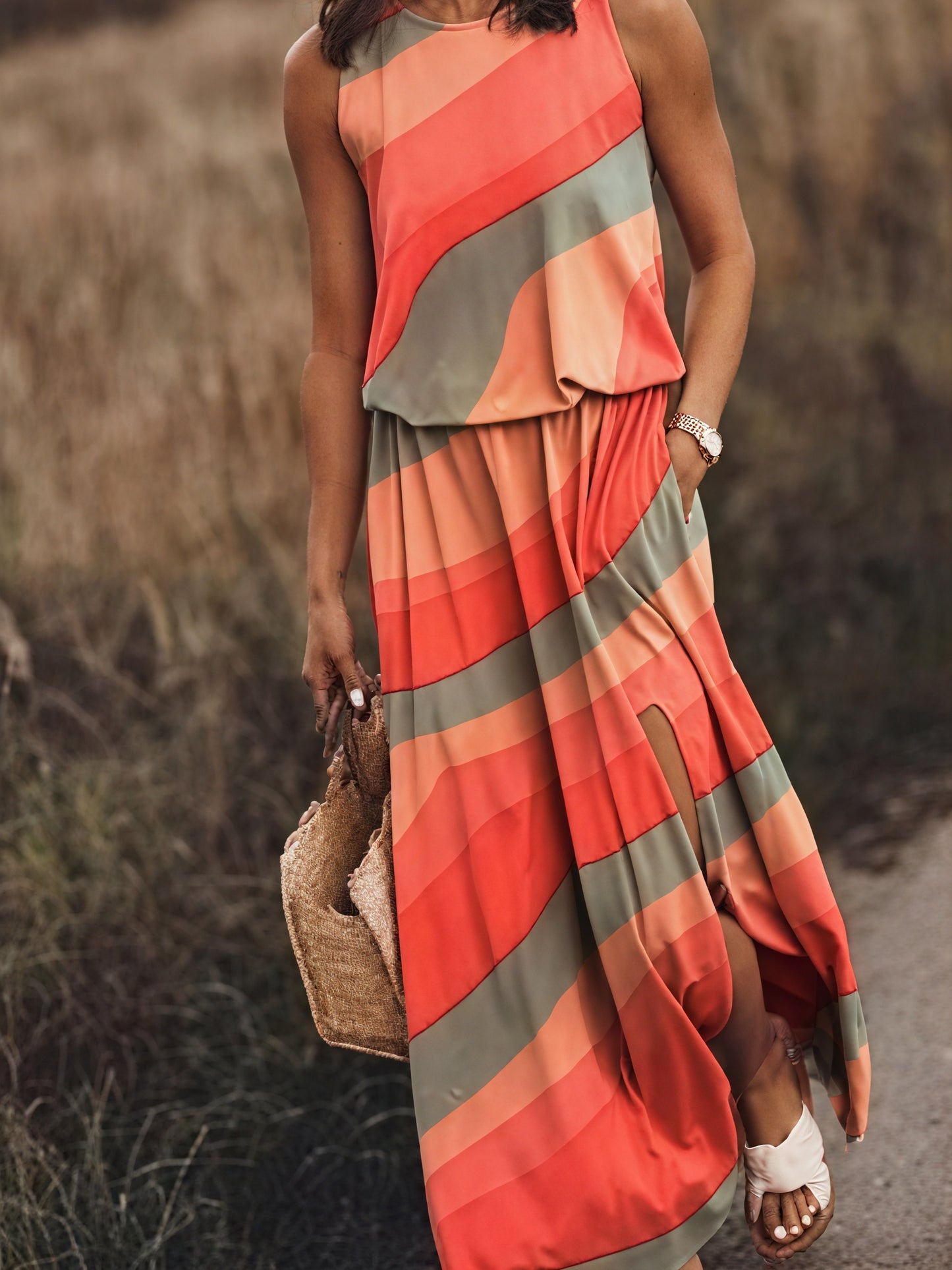 Women's Sleeveless Maxi Dress with Side Slit & Pockets, Floral Pattern-83214-b9718ea3-6dbc-488f-a51e-882d788c18c8
