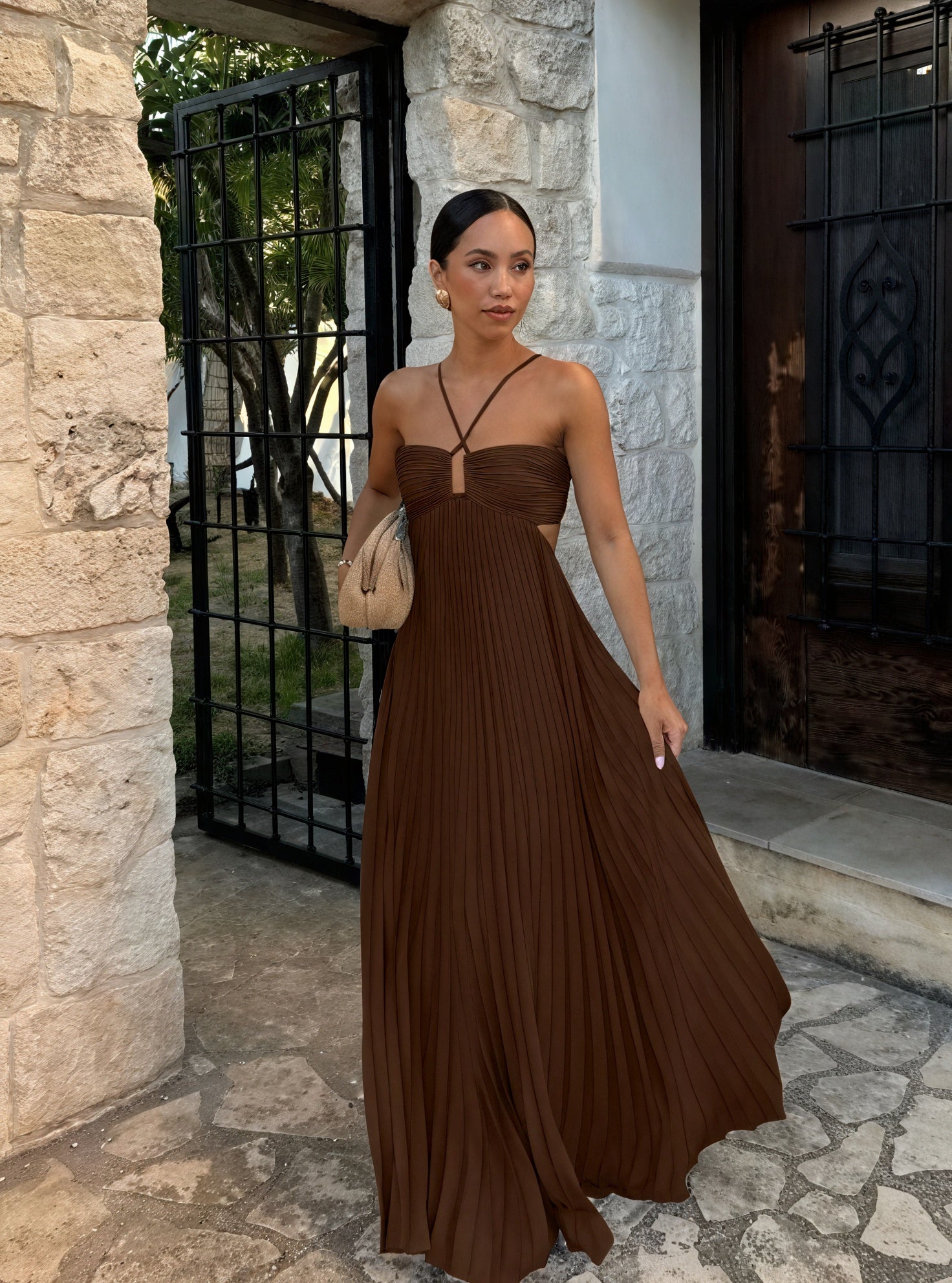 Women's Halter Maxi Dress – Pleated Skirt, Side Cut-Outs, Elegant-83247-88deff82-f610-4513-8ea1-6cc16840aea4