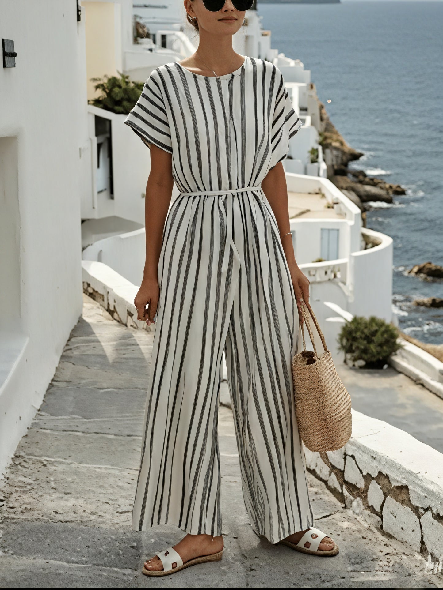 Women's Striped Jumpsuit – Wide Leg, Belted, Short Sleeve, Lightweight-83287-97ed5ad1-5772-40cc-83de-0e74233a646d