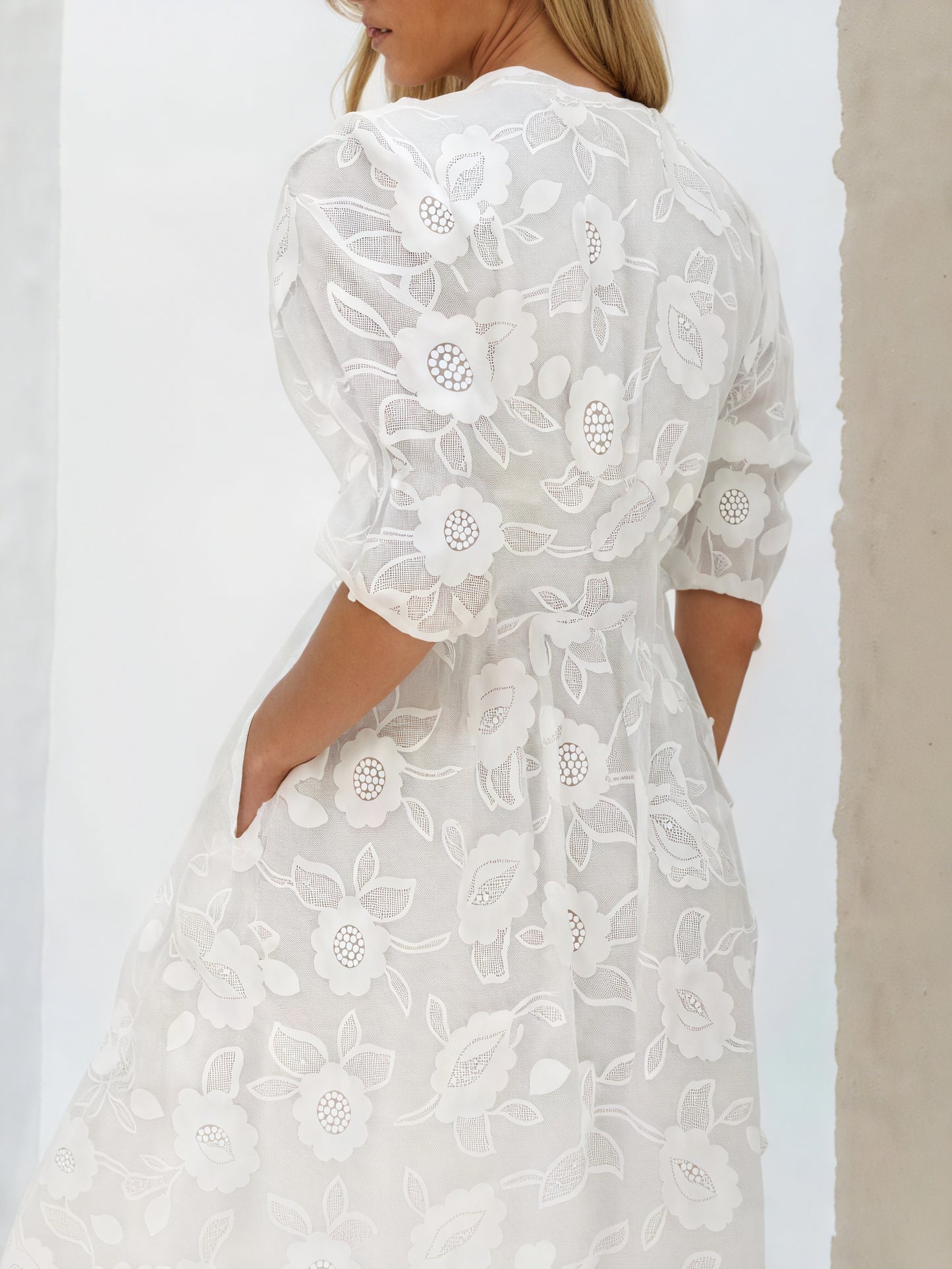 Women's White Embroidered Midi Dress – Button-Down, Short Sleeve-83314-64d2e21b-81be-4cd6-99e7-37bf693b19dd