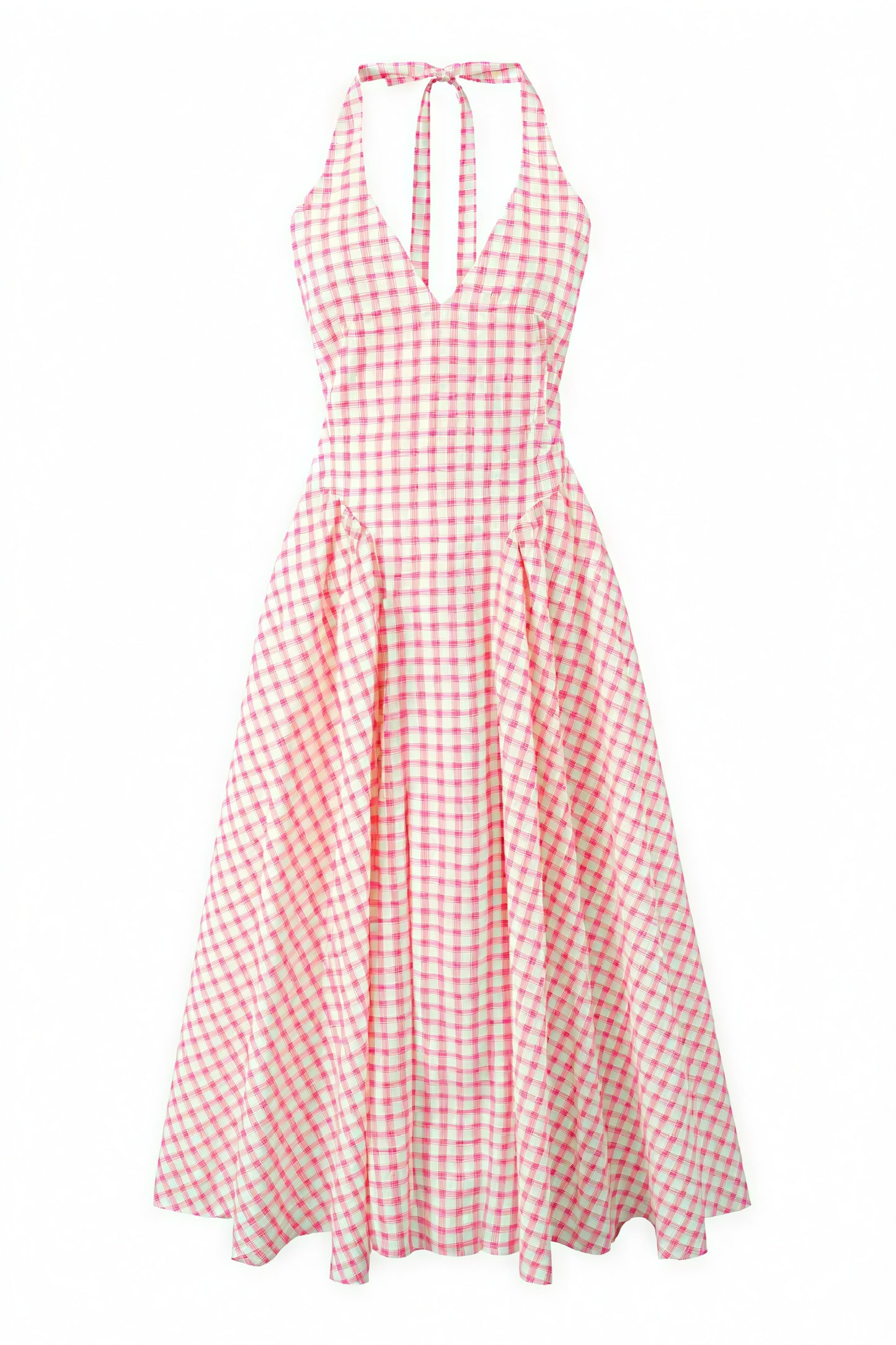 Women's Pink White Gingham V-Neck Pleated Midi Dress, Classic Feminine Style-83586-ad8c3dd0-79c9-4185-82c2-589b41987e80