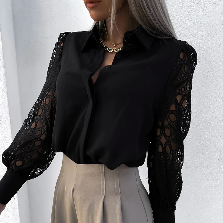 Women's Blouse – Collared Button-Down with Lace Cutout Sleeves, White/Black, Elegant-77098-8af26a42-f47c-46fb-9070-5a6d0697fe39
