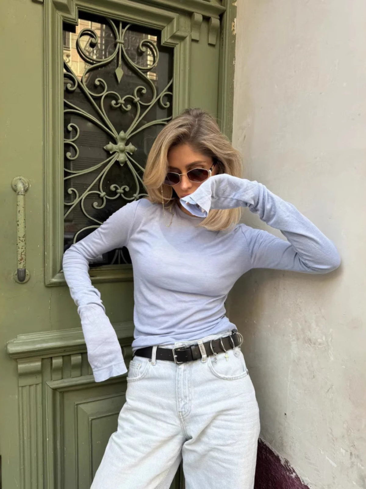 Women's Light Blue Long Sleeve Top - Slim Fit, Crew Neck, Lightweight Pastel-78916-8d7cf4ba-7530-4221-bee2-e1cfd1164719