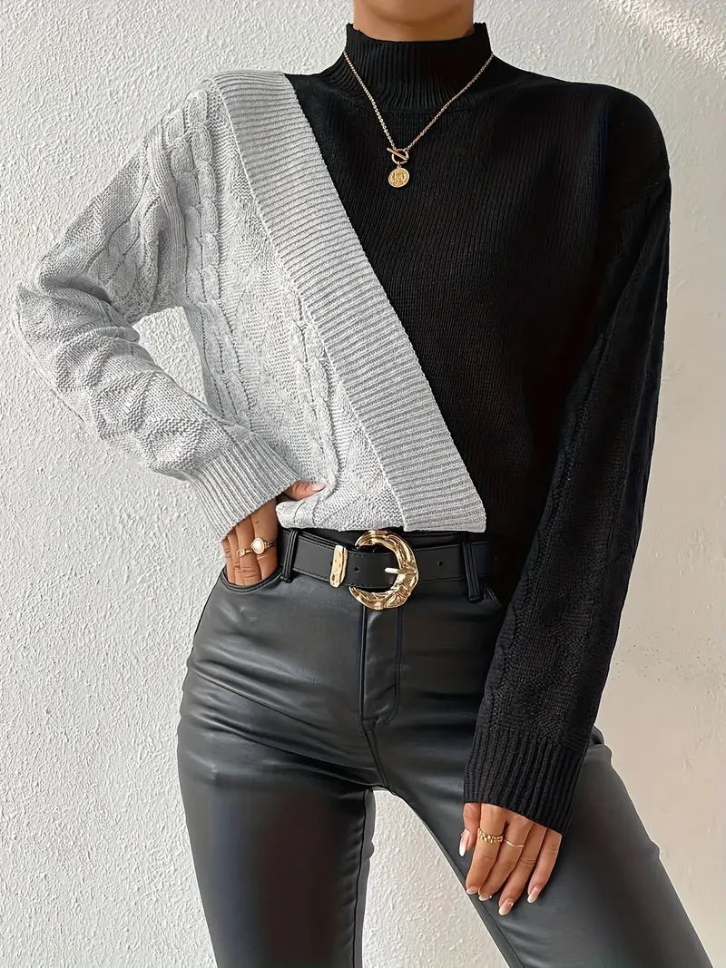 Women's Sweater – Color Block Turtleneck, Cable Knit Design, Modern Style, Sydney Wardrobe-54586-1de2af94-c89d-4057-9082-9007e22d5d9f