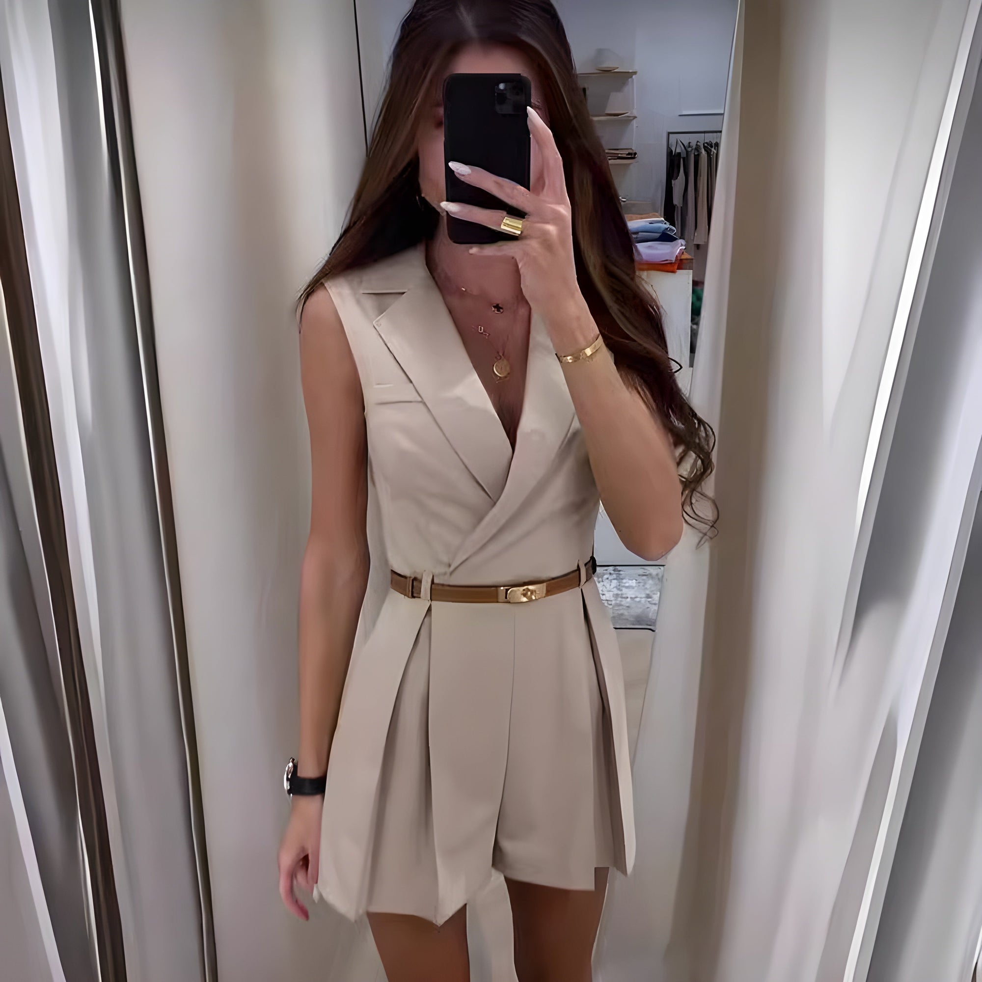 Women's Beige Tailored V-Neck Pleated Sleeveless Dress-77224-9f727721-bab8-4d20-8900-0a811d84c51e
