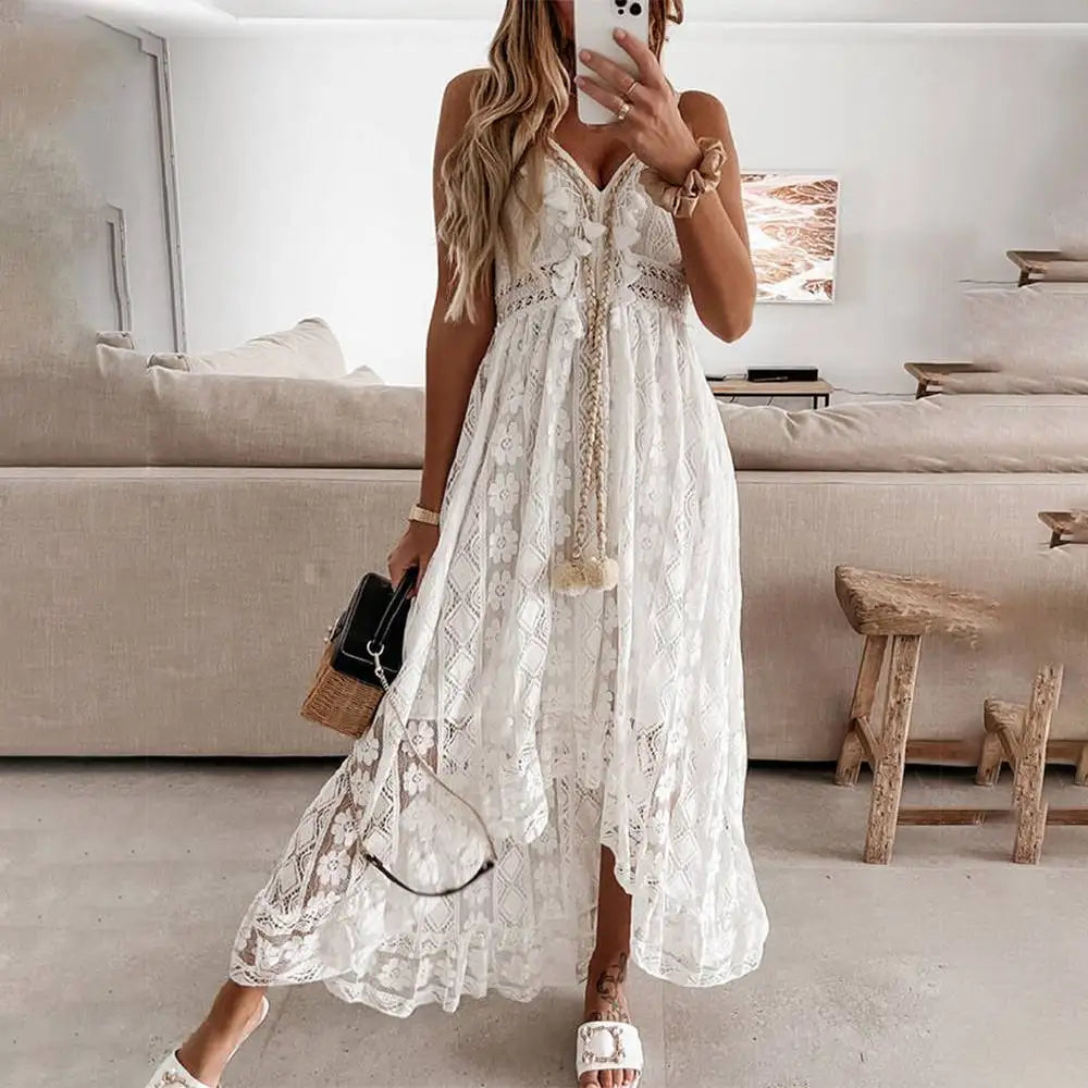 Women's White Lace Midi Dress – V-Neck, Asymmetrical Hem, Bohemian Style-53179-e07dab8c-4b77-4f57-9876-e0614b852894