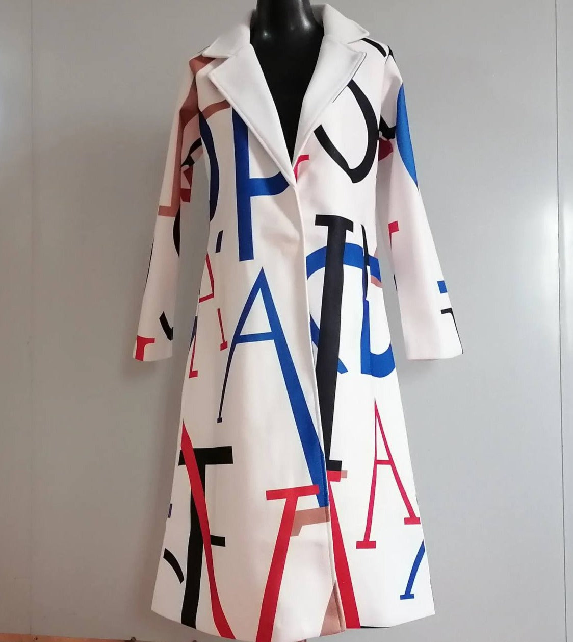 Women's Cream Wool Blend Coat – Bold Lettering, Relaxed Fit, Oversized Sleeves, Modern Style-55072-59499662115159