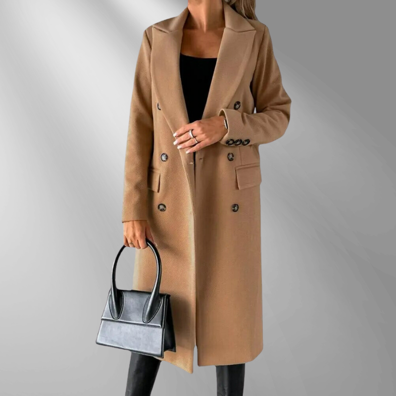 Women's Double-Breasted Tailored Wool Blend Coat with Structured Lapels, Gray, Camel, Black-55035-59519544525143