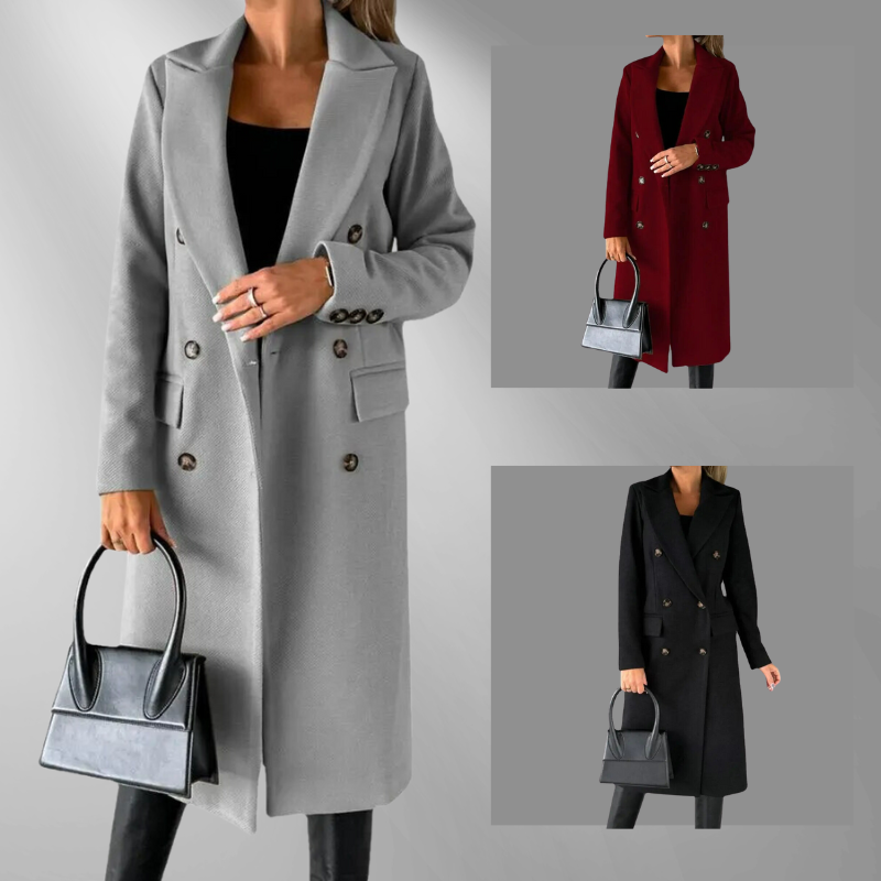 Women's Double-Breasted Tailored Wool Blend Coat with Structured Lapels, Gray, Camel, Black-55035-59519544590679