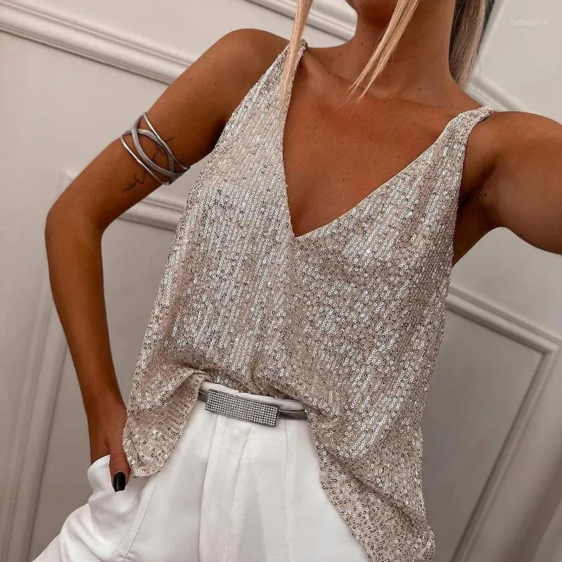 Women's Sequin V-Neck Sleeveless Top – Silver, Glamorous Style, Sydney Wardrobe-81318-aa1d8d85-6c63-421c-8c8b-d3a021c1db2d