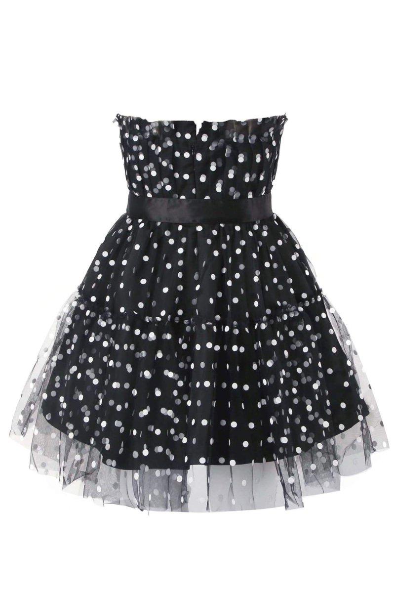 Women's Black Strapless Polka Dot Tulle Mini Dress with Ruffled Bodice & Satin Bow-81042-aed07220-e56d-4532-9221-8e95168b2f7d