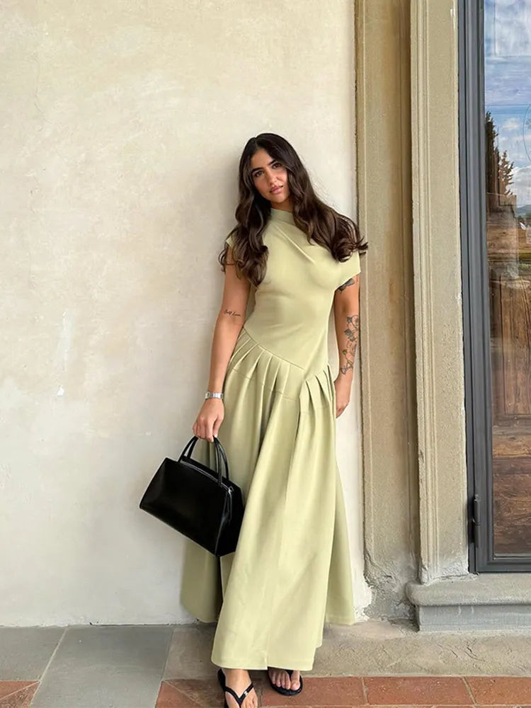 Women's Pleated Dress – Fitted Bodice, Midi/Floor Length, High Neckline or One-Shoulder, Green/Black, Sydney Wardrobe-77276-b5d4b682-d4aa-4f84-8d0f-2ed7108e418b