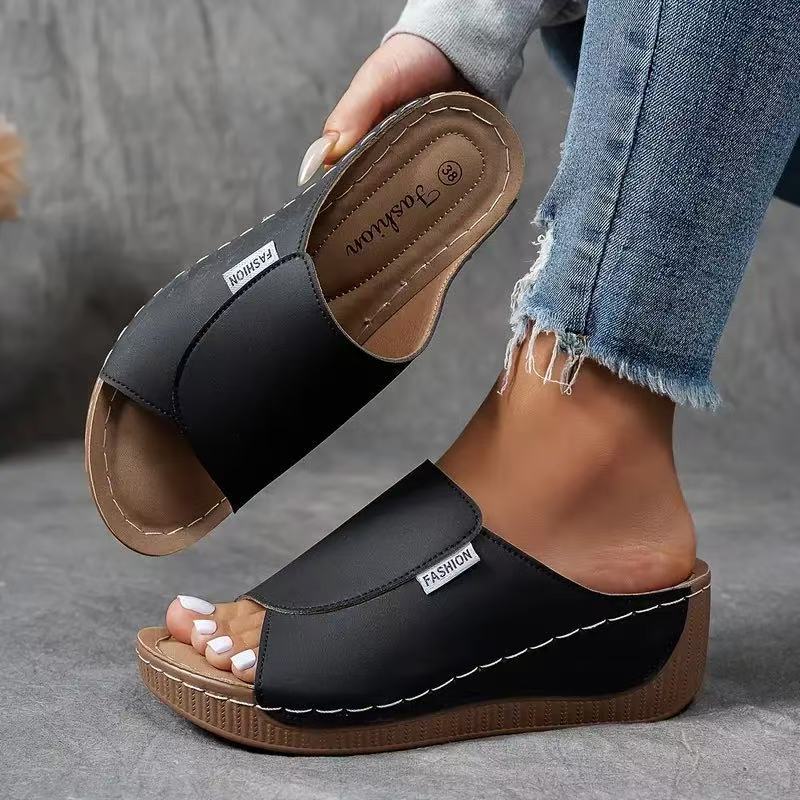 Women's Slip-On Wedge Sandals – Wide Strap, Stitched Synthetic-83190-b6d554fb-ae80-4155-9be6-d52aa3bdcdc4