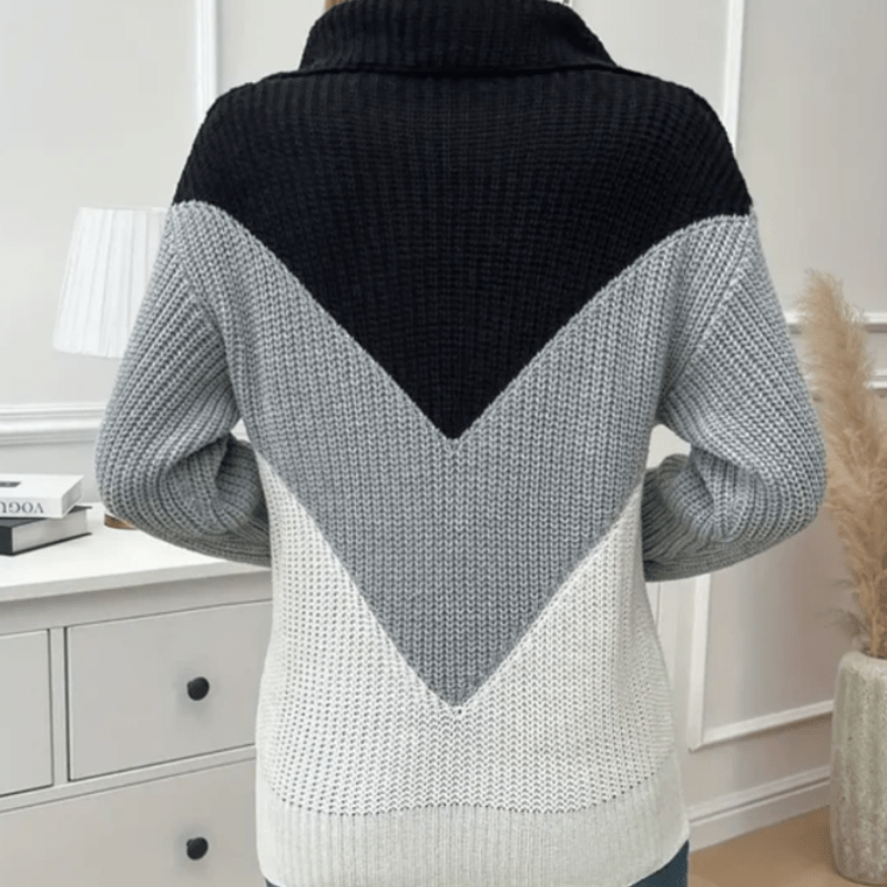 Women's Chunky Knit Sweater – Chevron Half-Zip Color Block Navy Gray White Acrylic Cotton Blend-67639-c5f3aa50-ea56-4540-aaea-16f7c92bfd4a