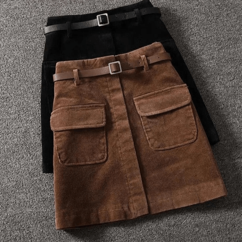 Women's Brown Corduroy A-Line Skirt – High Waist, Belted, Knee-Length-67685-c7248425-df55-4874-92aa-ad21523fcb53