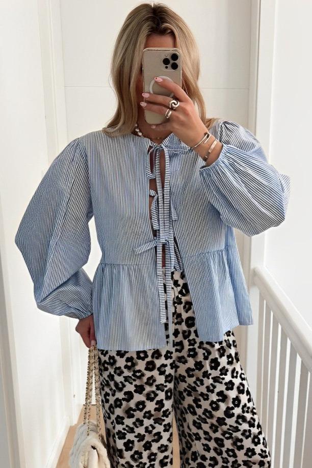 Women's Striped Blouse – Blue White, Tie-Front, Puffed Sleeves, Casual-83299-c72d5346-bc44-4d3d-aca9-523a14b670c6