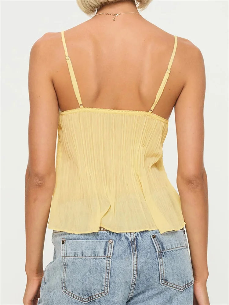 Women's Yellow Pleated Cami Top with Lace Detail, Feminine Style-83482-ca50d6e5-87e6-4e2c-abd2-1fdc5159a73d