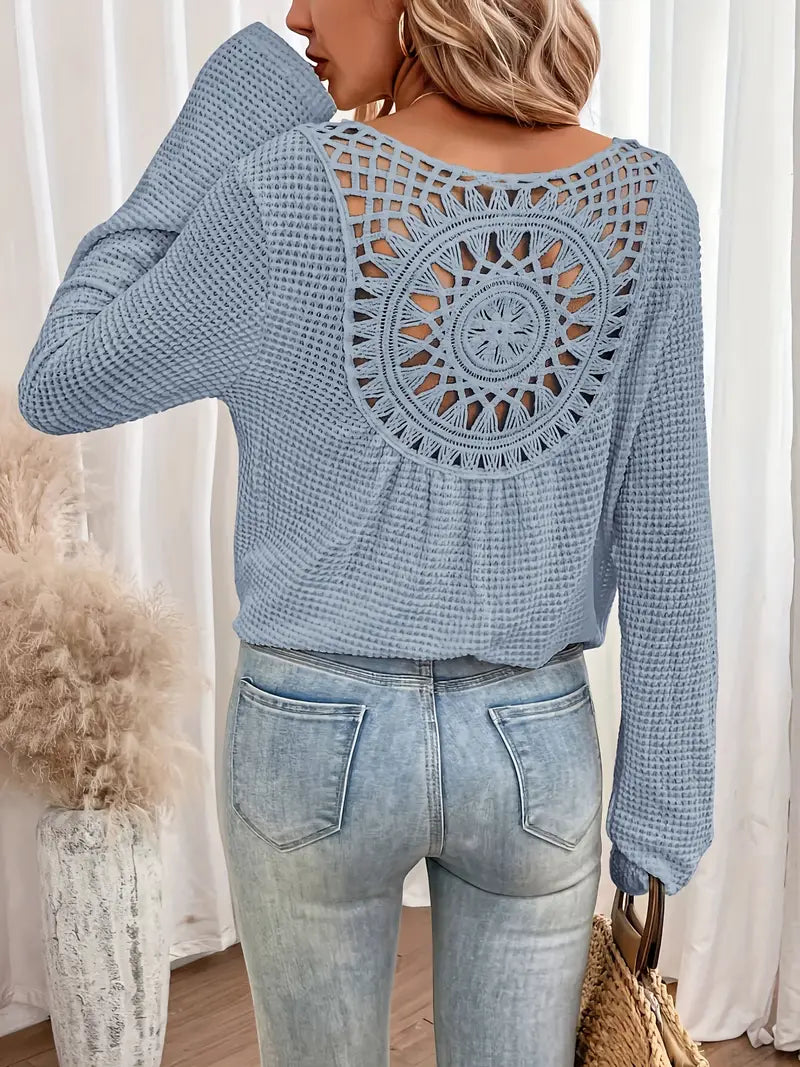 Women's Waffle Knit Long Sleeve Top – Crochet Open Back, Bohemian Style, Light Blue, Burgundy, Cream, Pink, Olive Green-81413-d7321e6e-b77c-46cb-b927-8304e156d4ef