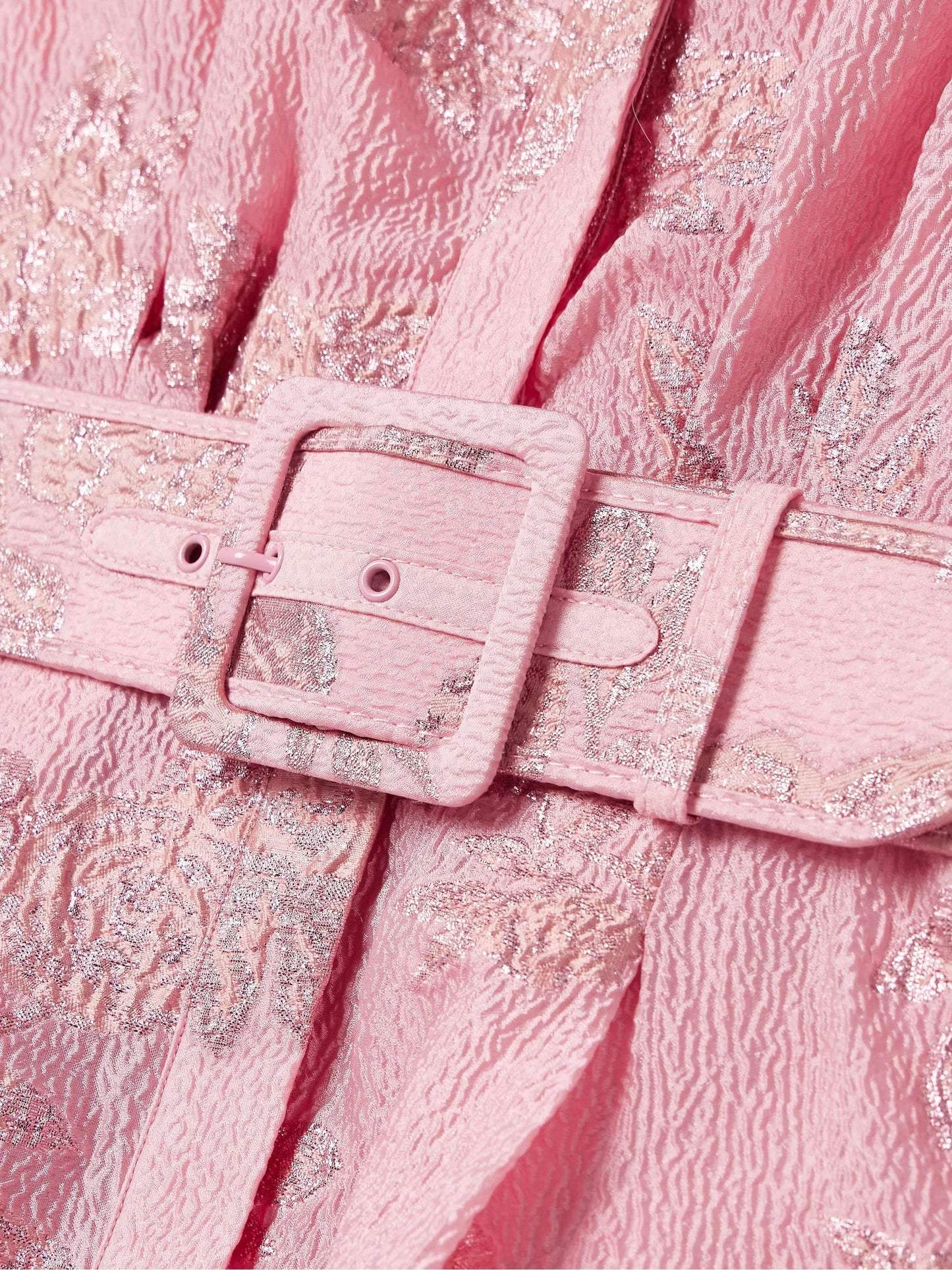 Women's Pink Brocade Maxi Dress – Shirt-Style Top, Belted Waist, Puffed Sleeves, Floral Pattern-83248-dd96d97d-5e7b-44af-af80-3bf3da906d97