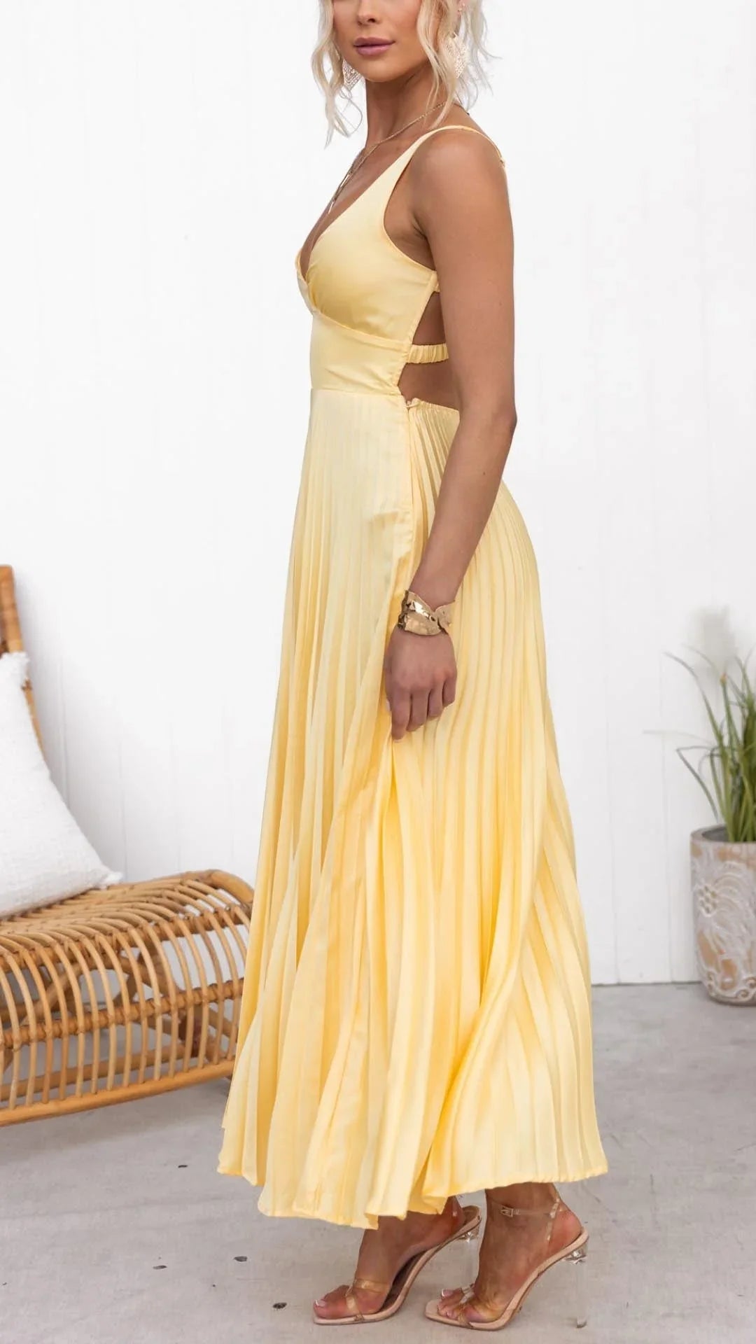 Women's Yellow Pleated Maxi Dress – V-Neck, Thin Straps, Lightweight Fabric-83170-dfa2b4e0-0582-45f9-b7e1-193c326c3bab