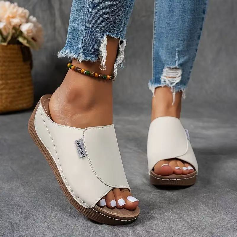 Women's Slip-On Wedge Sandals – Wide Strap, Stitched Synthetic-83190-faad9f75-f913-48e6-b8ad-2ebc7a293763
