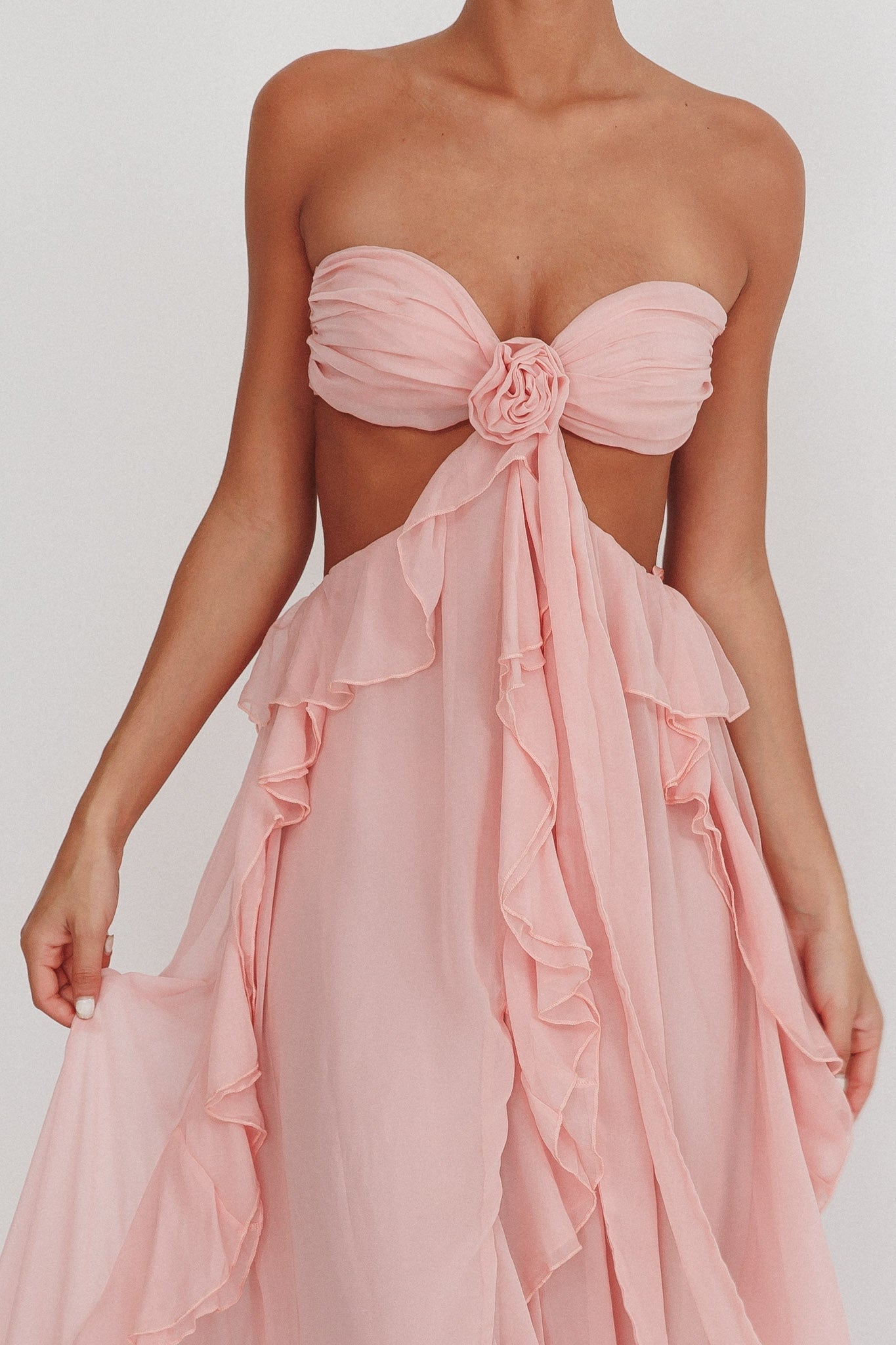Women's Strapless Ruffle Maxi Dress, Elegant Cut-Out Design-83518-fcb18231-3e24-4254-86f3-e02af363e873