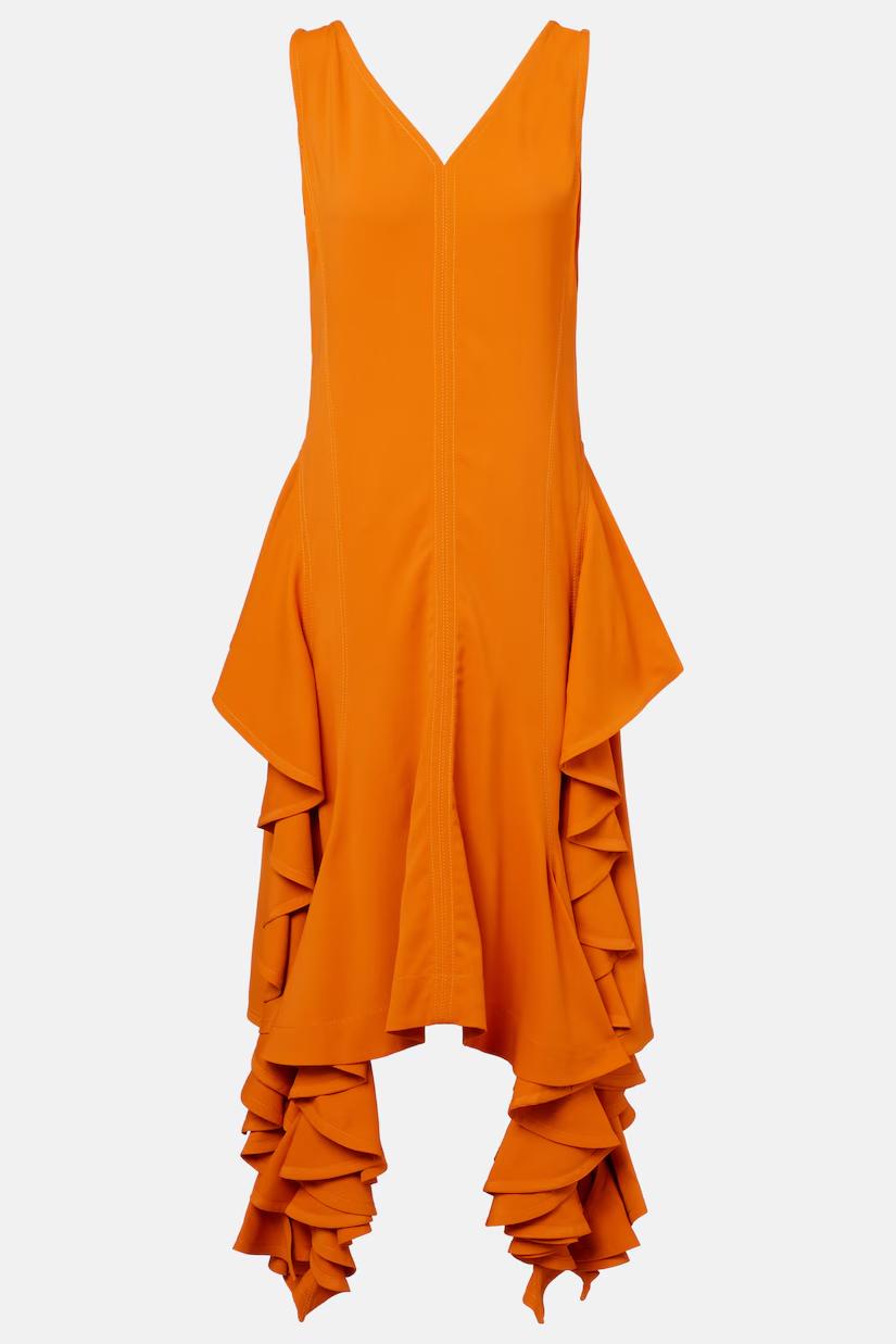 Women's Orange Ruffled High-Low Dress – Sleeveless V-Neck Elegant Modern Style-81084-feca93b7-ab4d-4679-9bbd-f24b7b417f07