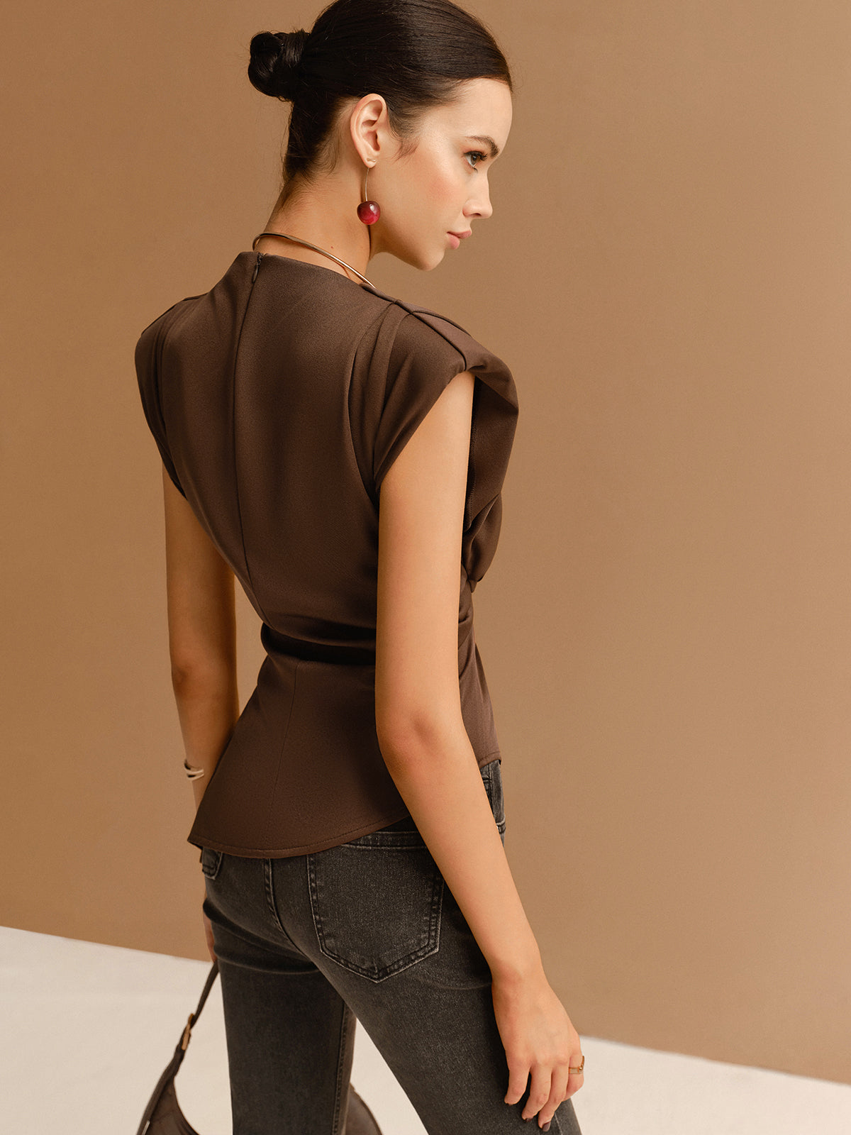Women's Brown Satin Top – Structured Shoulder, Wrap Waist, High Neck-83250-ff21964d-12a4-47e3-bb31-1e8e950151f6