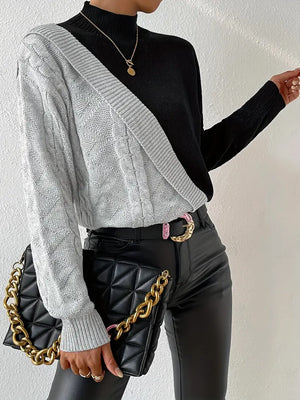 Women's Sweater – Color Block Turtleneck, Cable Knit Design, Modern Style, Sydney Wardrobe-54586-77f19451-2c08-4759-a6e4-93f487e56c56
