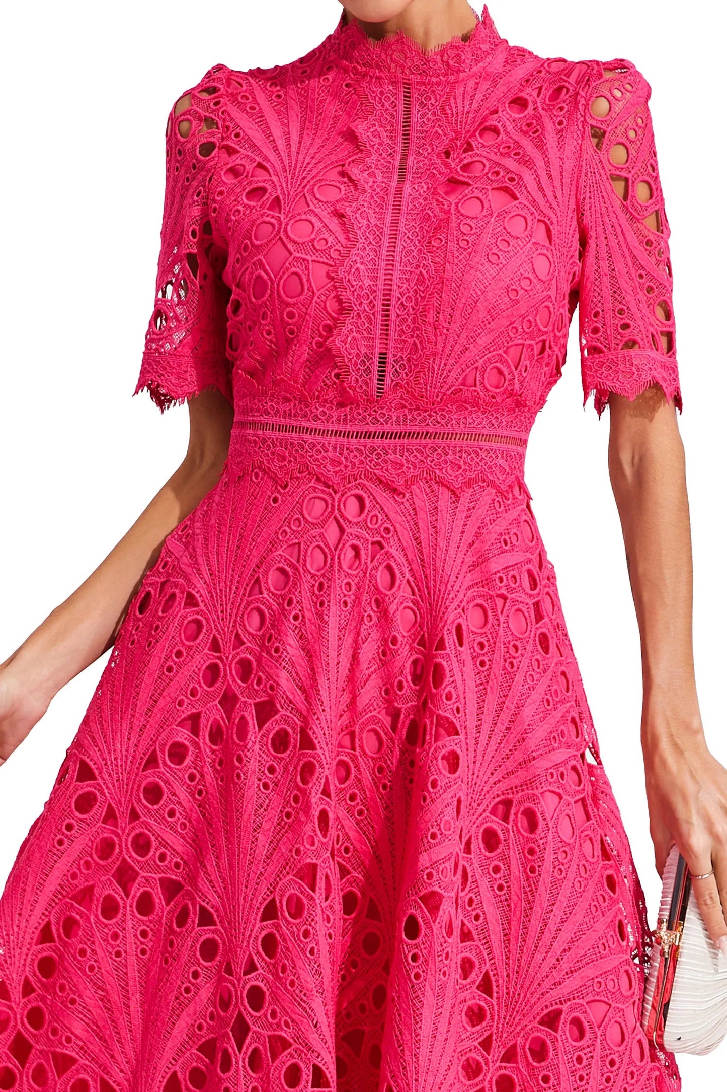 Women's Lace Midi Dress – High Neck, Short Sleeve, Cut-Out Detail-83326-00561e81-6619-4de6-a70f-4a2759898086