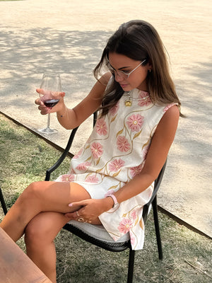 Women's Mini Dress – White Cotton Floral, Sleeveless High Neck, Bohemian Style-81245-033b65f9-7456-4b02-9dee-0368106fca69