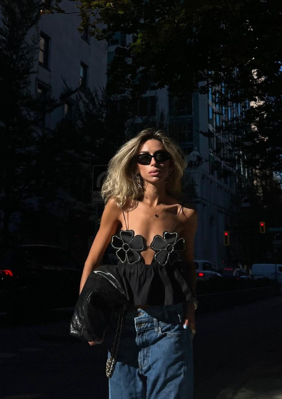 Women's Halter Top – Floral Rhinestone Embellished, Ruffled Peplum, Satin-77127-03b3678d-76bf-4532-8b94-8beaf13dc0b6