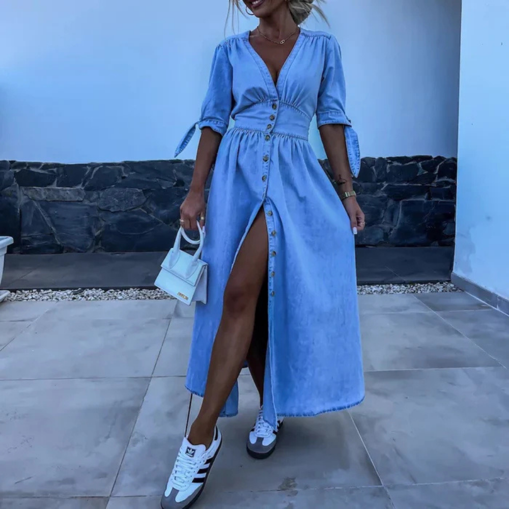 Women's Light Blue Denim Maxi Dress – V-Neck, Tie Sleeves, High Slit-67725-04b2af7e-1933-4e50-b76d-d20a8946e0d1