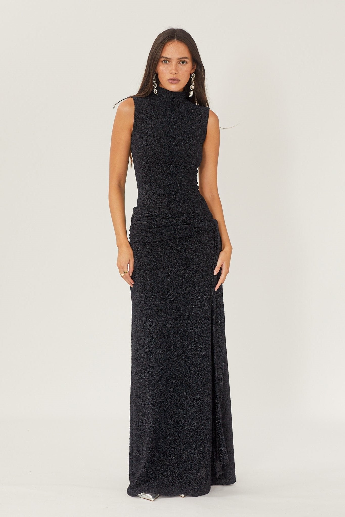 Women's Black Maxi Dress – High Neck, Sleeveless, Gathered Waist, Floor-Length, Elegant Style-81057-058d0ed4-c699-414c-9f57-006e5a2f8adf