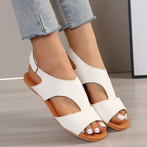 Women's Flat Sandals – T-Strap, Cut-Out Faux Leather, Adjustable Ankle Strap, White/Black/Brown-82727-06636c41-286d-4cf5-b129-049a36c07d70