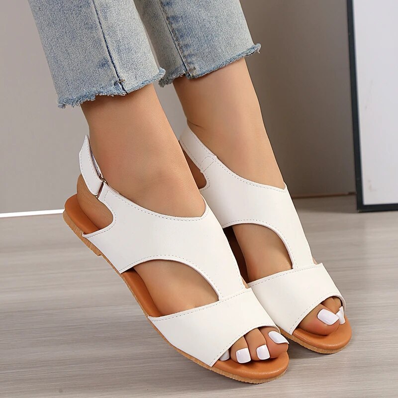 Women's Flat Sandals – T-Strap, Cut-Out Faux Leather, Adjustable Ankle Strap, White/Black/Brown-82727-06636c41-286d-4cf5-b129-049a36c07d70