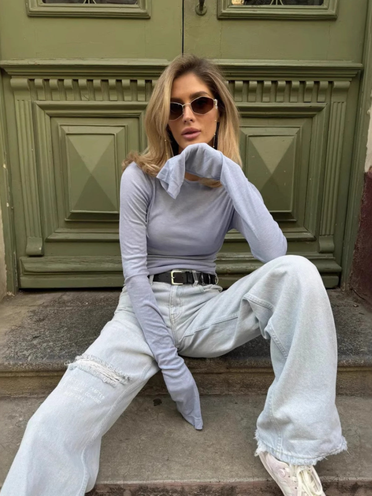 Women's Light Blue Long Sleeve Top - Slim Fit, Crew Neck, Lightweight Pastel-78916-067970f9-ee16-4deb-b45d-ab673cd31614