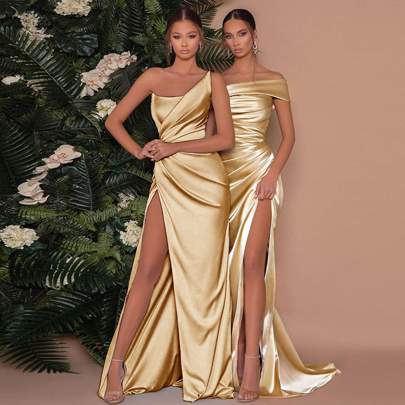 Women's One-Shoulder Satin Gown – High Slit, Draped Bodice, Floor-Length, Black/Gold, Elegant Formal Style-83228-0712f230-38ce-44e0-85d8-8b6abbde2d92