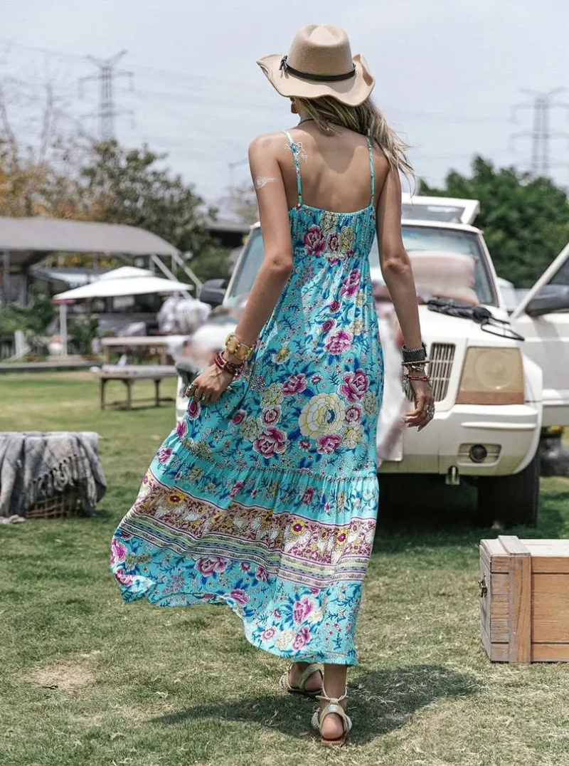 Women's Turquoise Floral Maxi Dress – Bohemian Tiered V-Neck Cotton Blend-82613-074c824c-bbc7-40f2-8e20-7d5e86e2f394