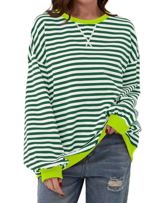 Women's Striped Knit Sweatshirt - Oversized, Long Sleeve, Contrast Trim-81356-08e4247d-413c-472e-ba17-ecad648204eb