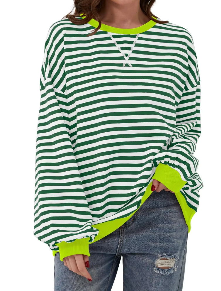 Women's Striped Knit Sweatshirt - Oversized, Long Sleeve, Contrast Trim-81356-08e4247d-413c-472e-ba17-ecad648204eb