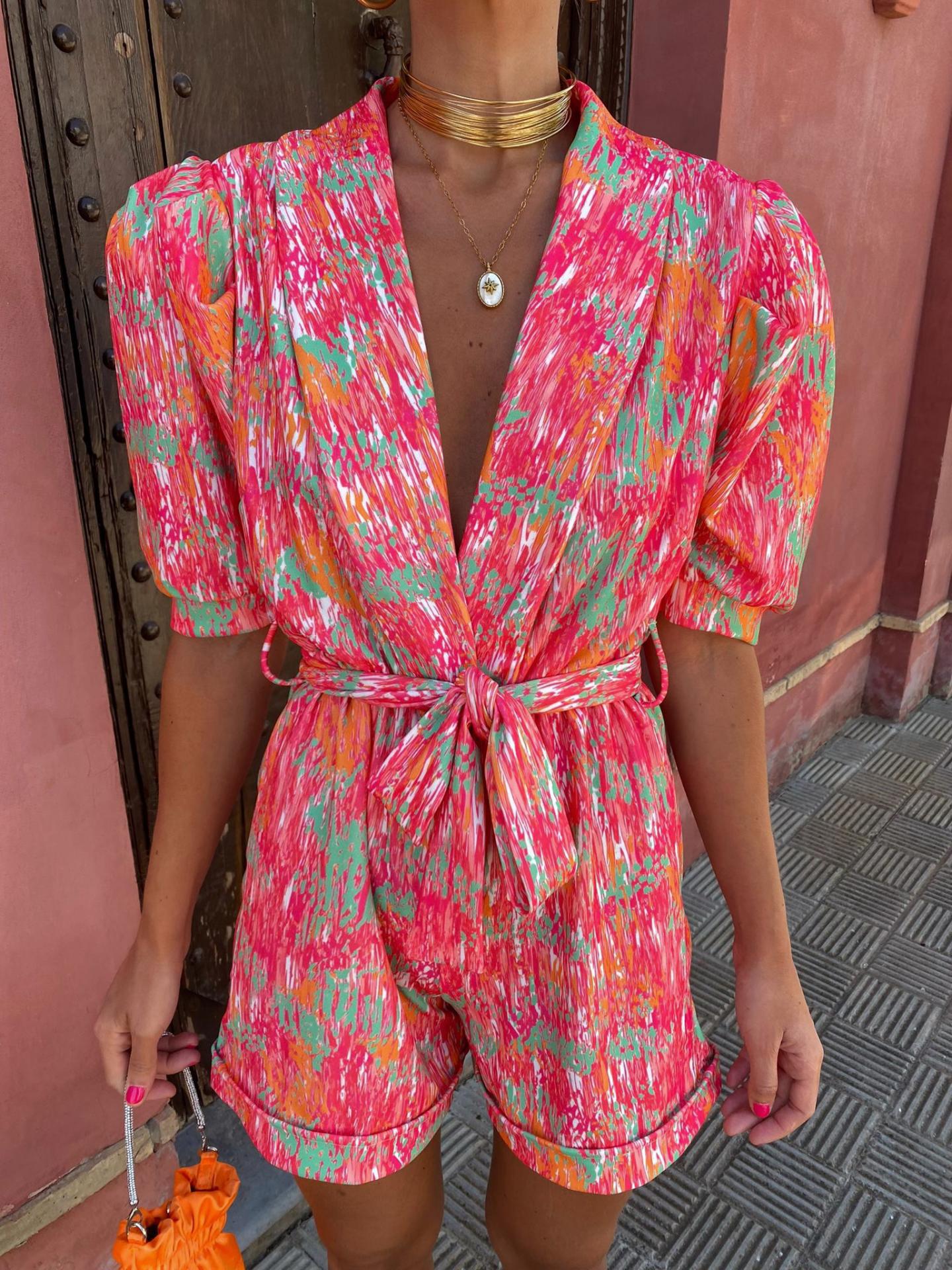 Women's Abstract Print Wrap Romper – Silk Blend, Deep V-Neck, Short Sleeve-78406-09a25d8d-4f68-4e05-8519-9b065765a590